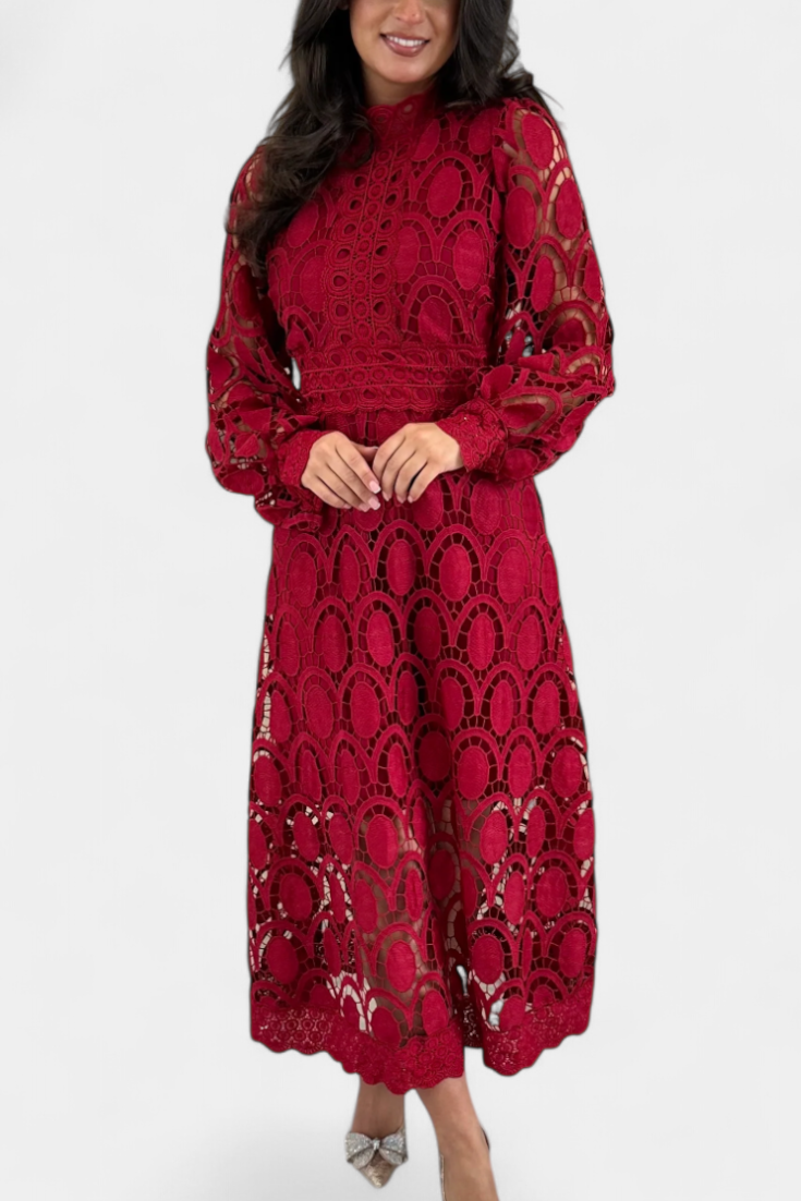 Jovie High Neck Embroidered Lace Midi Dress