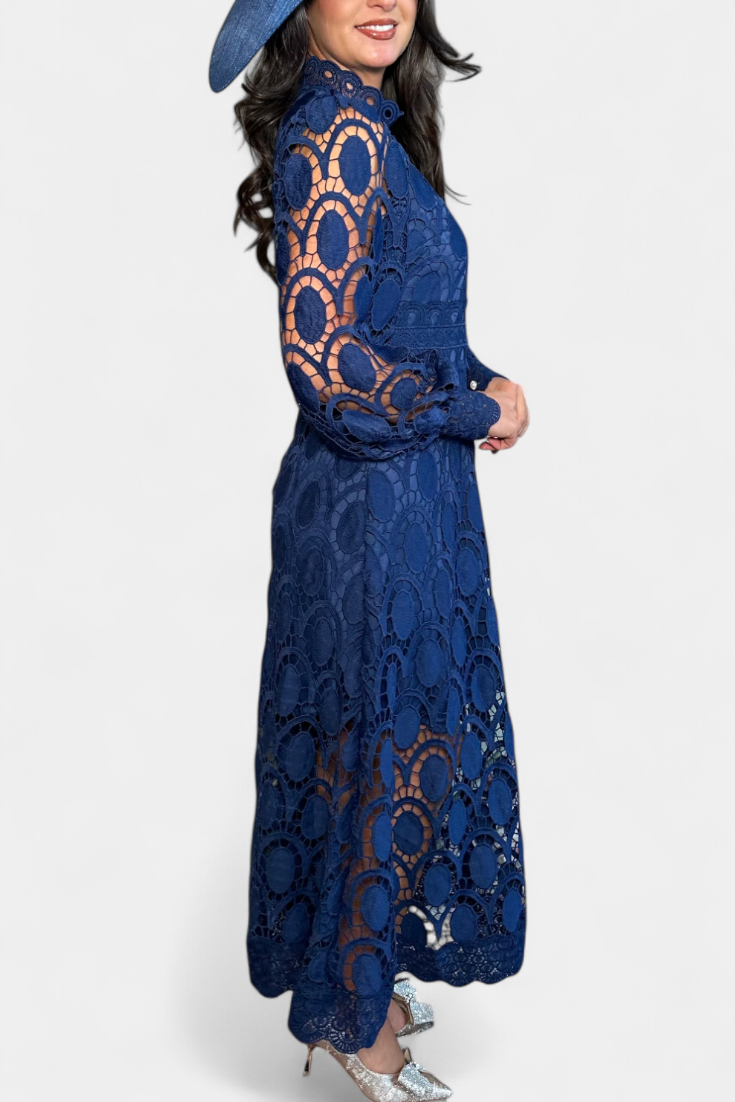 Jovie High Neck Embroidered Lace Midi Dress