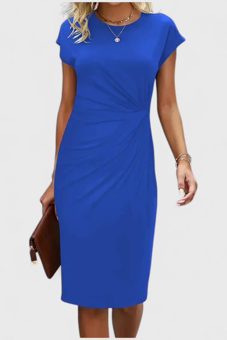 Katrina Classic Round Neck Midi Dress with Draped Detail