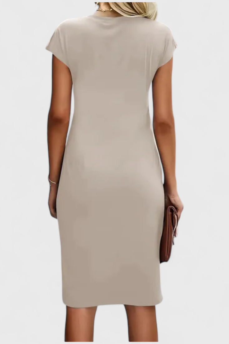 Katrina Classic Round Neck Midi Dress with Draped Detail
