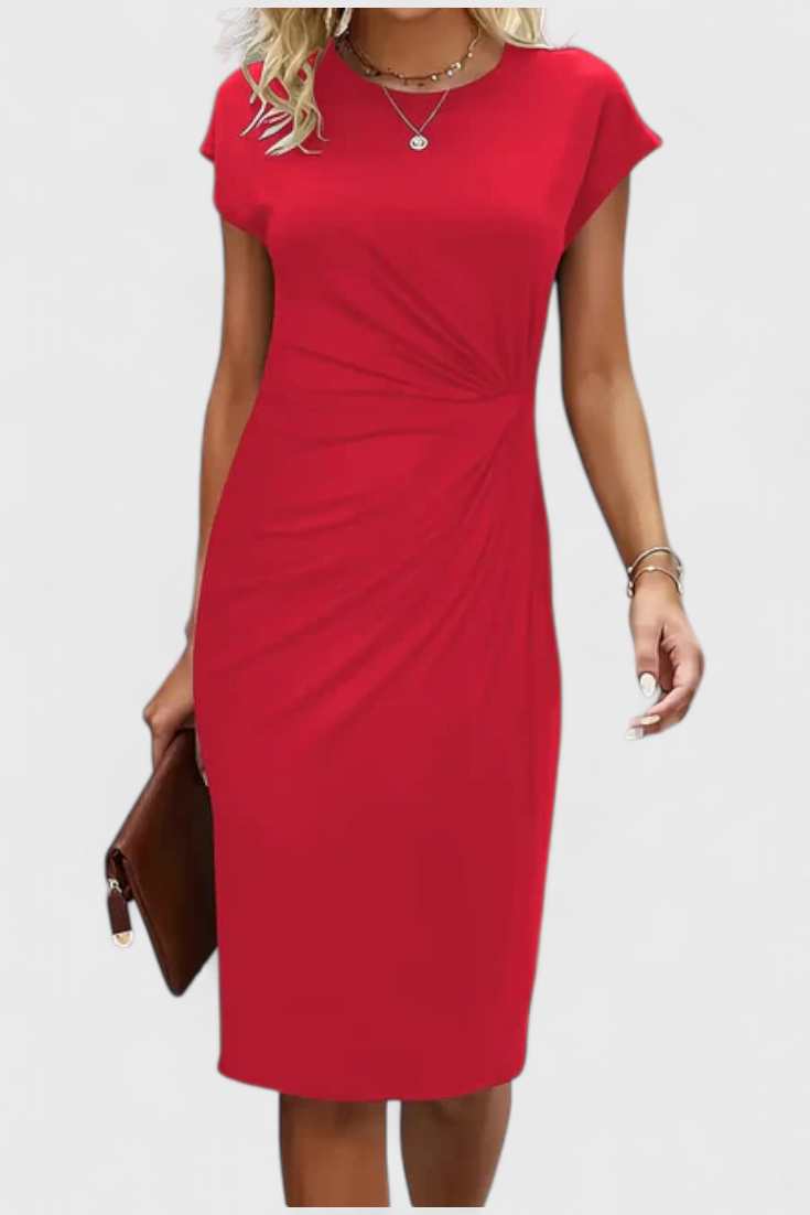 Katrina Classic Round Neck Midi Dress with Draped Detail