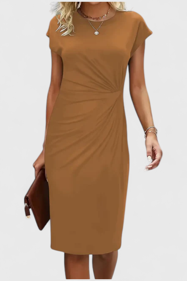 Katrina Classic Round Neck Midi Dress with Draped Detail