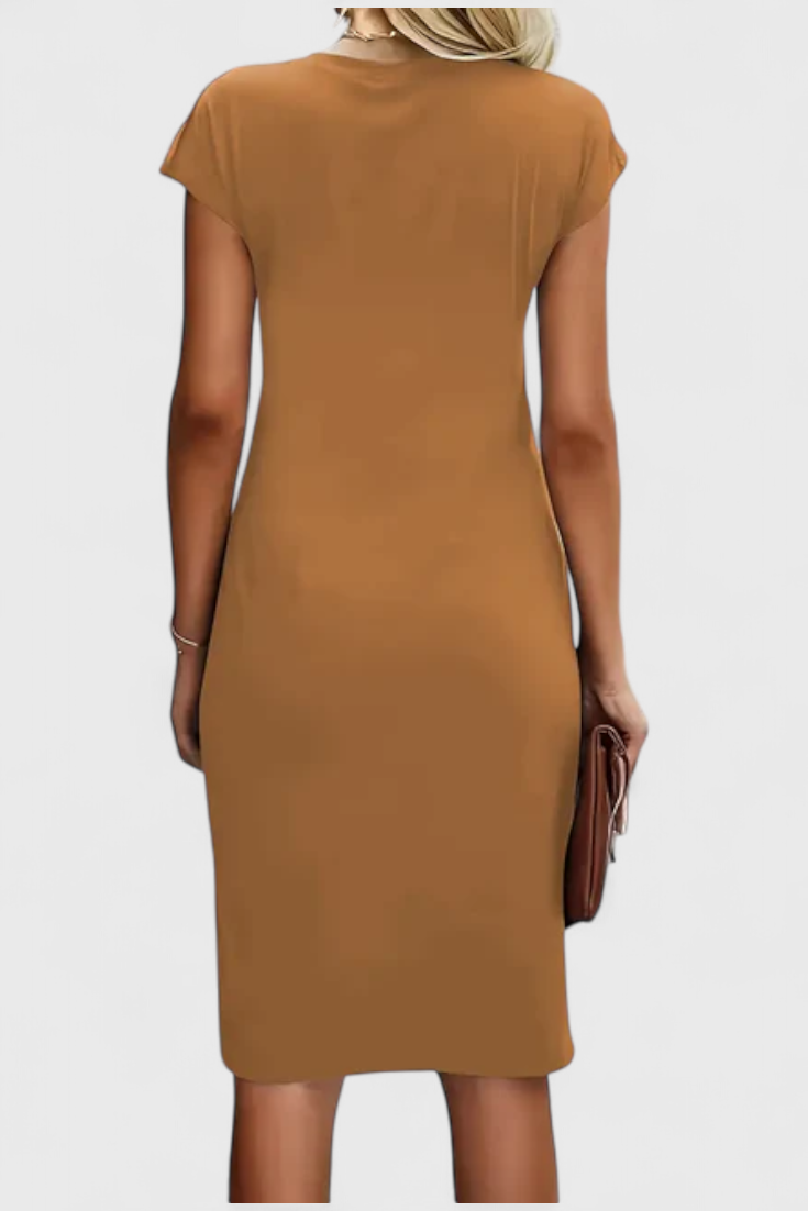 Katrina Classic Round Neck Midi Dress with Draped Detail