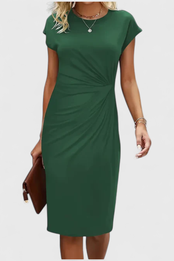 Katrina Classic Round Neck Midi Dress with Draped Detail