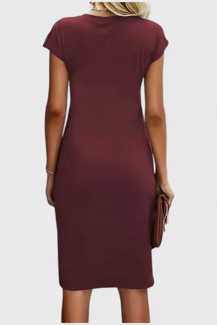 Katrina Classic Round Neck Midi Dress with Draped Detail