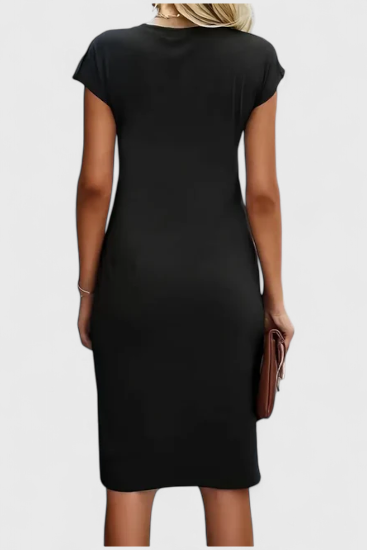 Katrina Classic Round Neck Midi Dress with Draped Detail