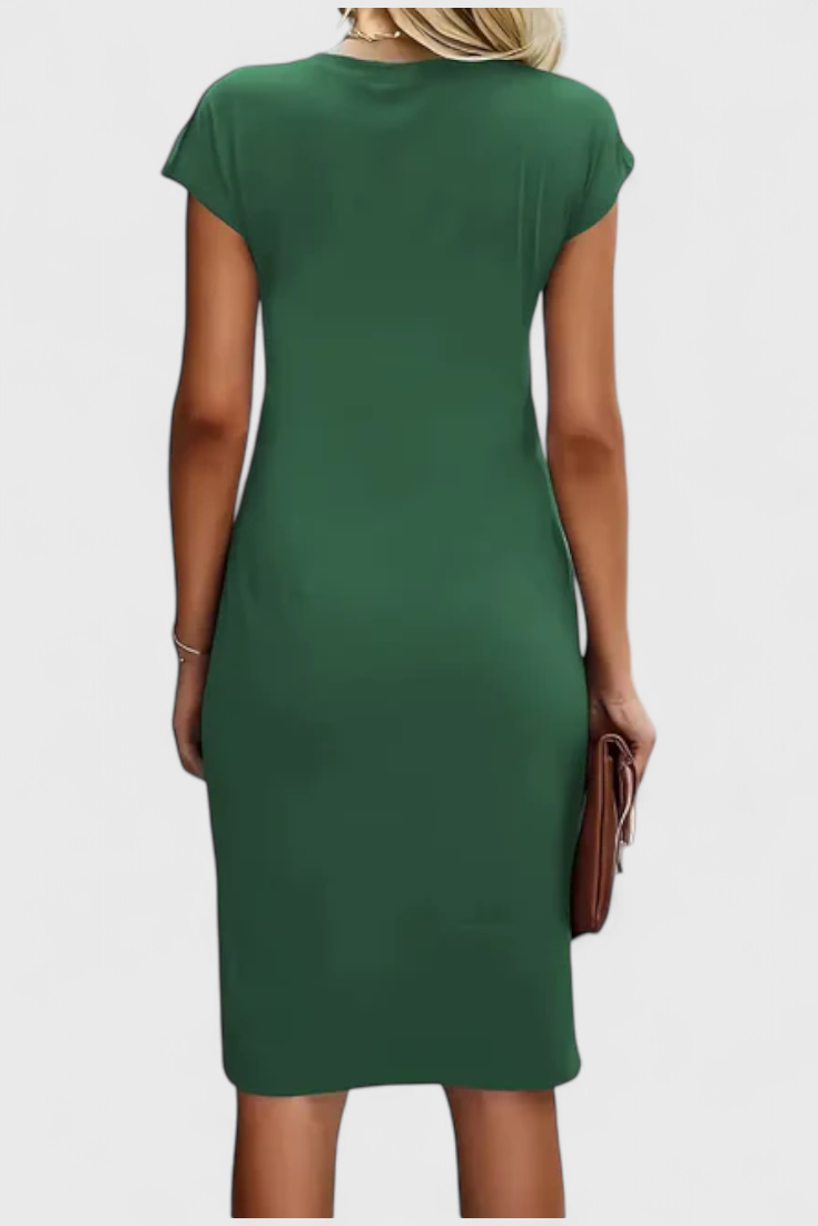 Katrina Classic Round Neck Midi Dress with Draped Detail