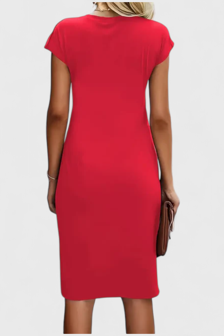 Katrina Classic Round Neck Midi Dress with Draped Detail