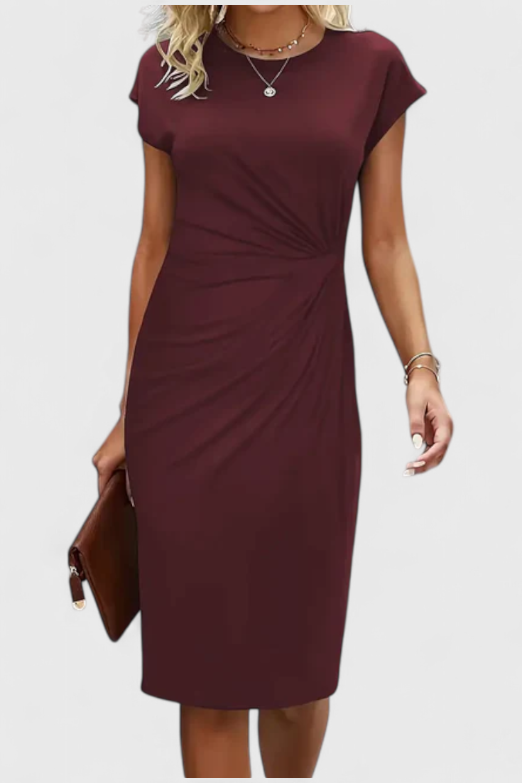 Katrina Classic Round Neck Midi Dress with Draped Detail