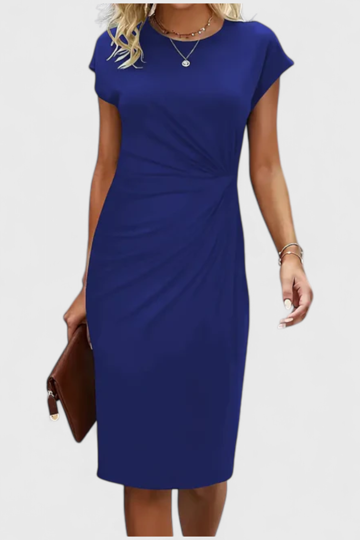 Katrina Classic Round Neck Midi Dress with Draped Detail