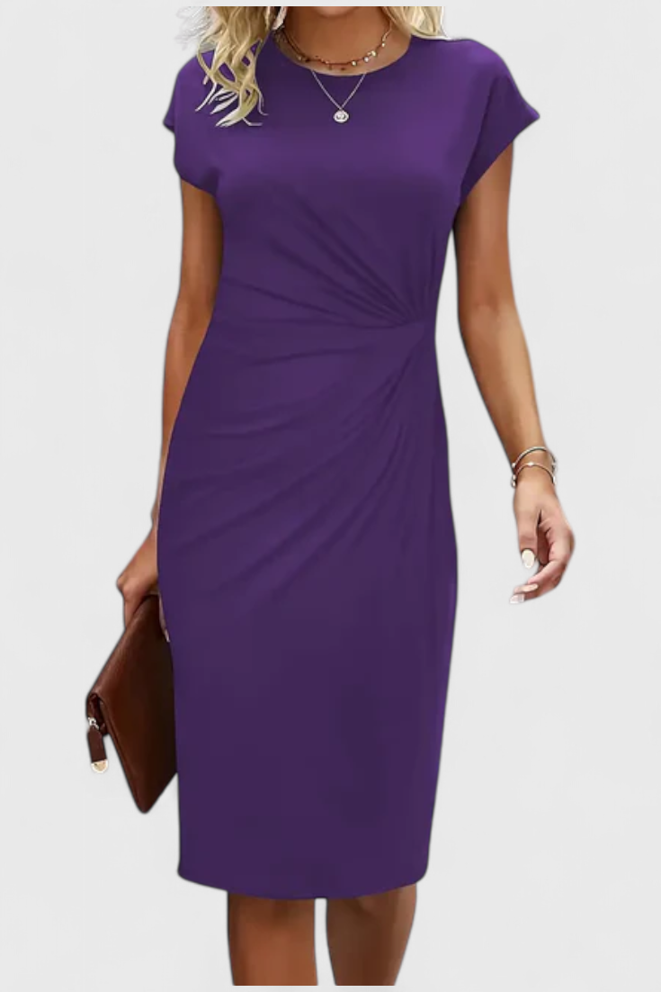Katrina Classic Round Neck Midi Dress with Draped Detail