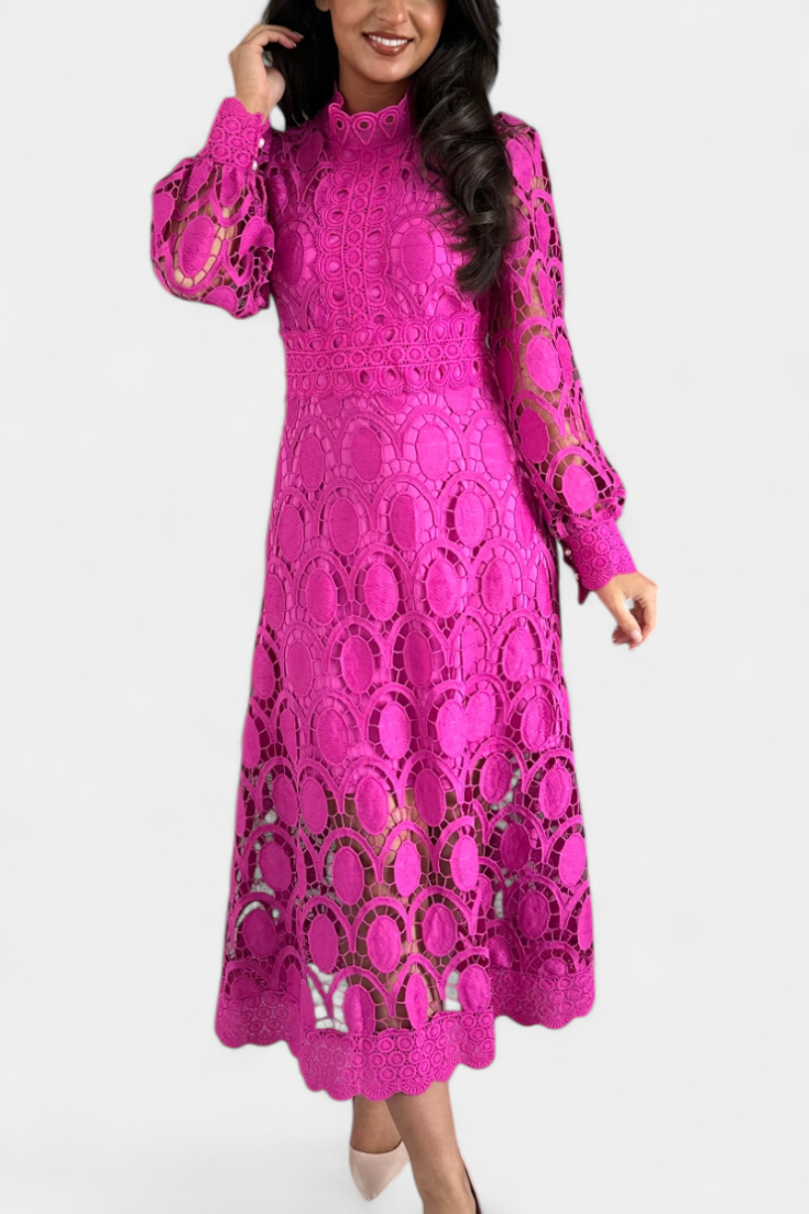 Jovie High Neck Embroidered Lace Midi Dress