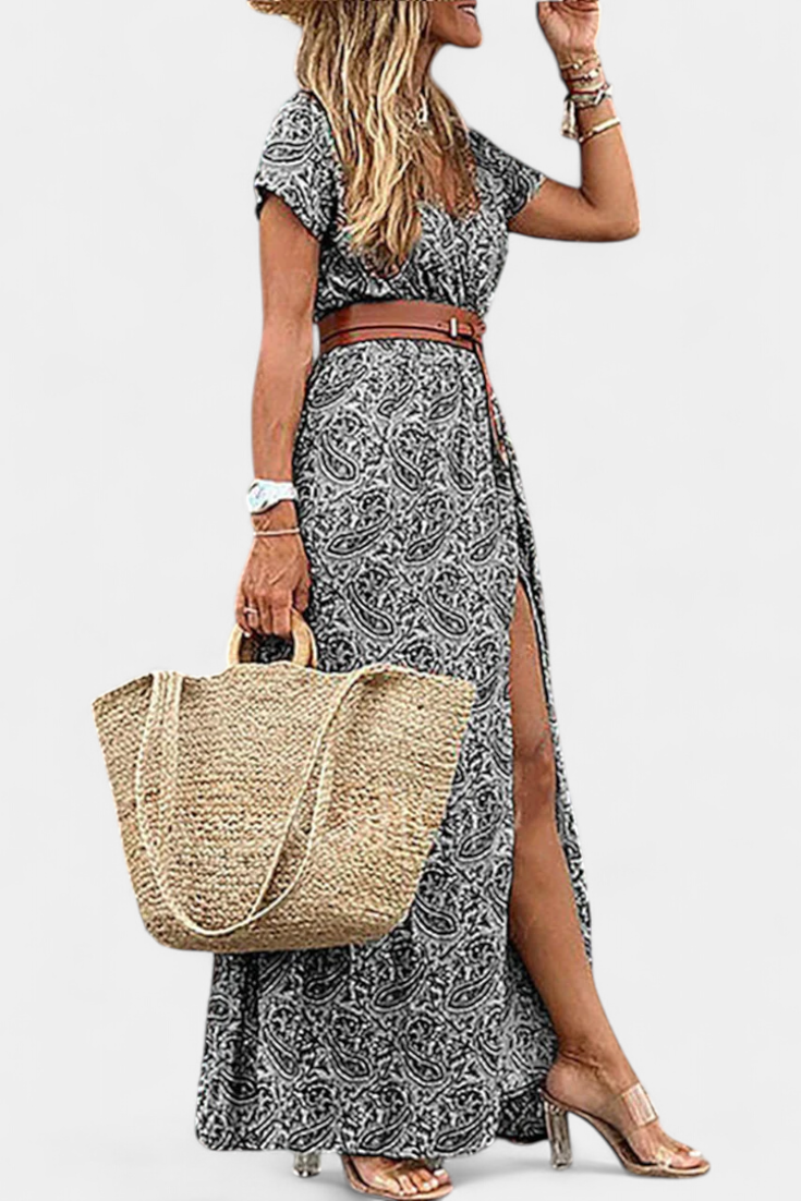 Anfisa Summer Boho Dress with Belt and V-Neckline
