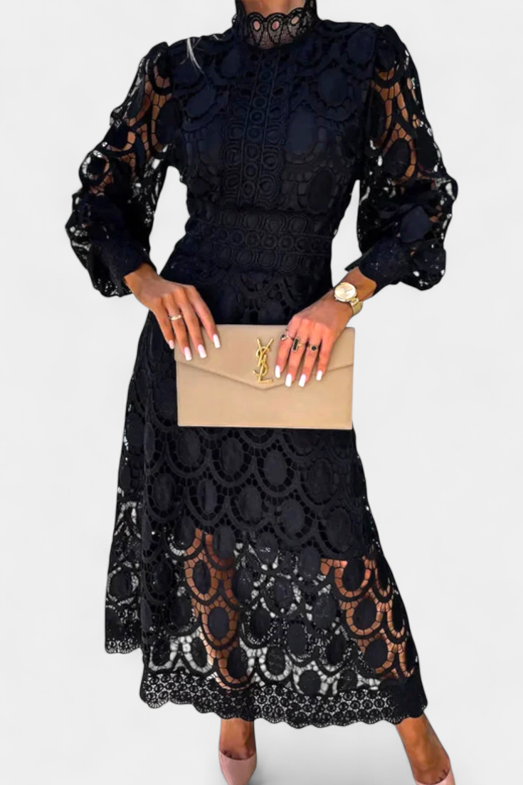 Jovie High Neck Embroidered Lace Midi Dress