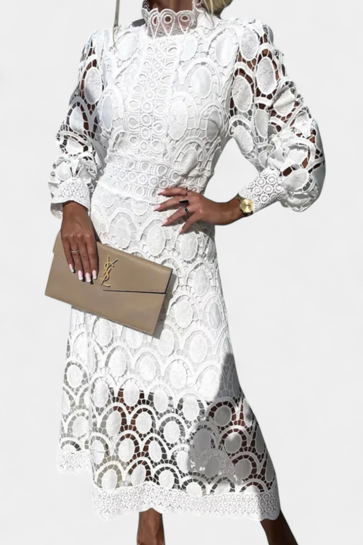 Jovie High Neck Embroidered Lace Midi Dress