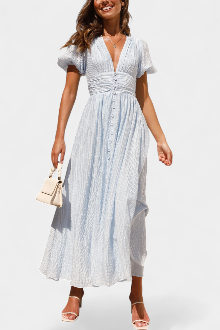Mélia Maxi Dress with V-Neckline and Elegant Puff Sleeves