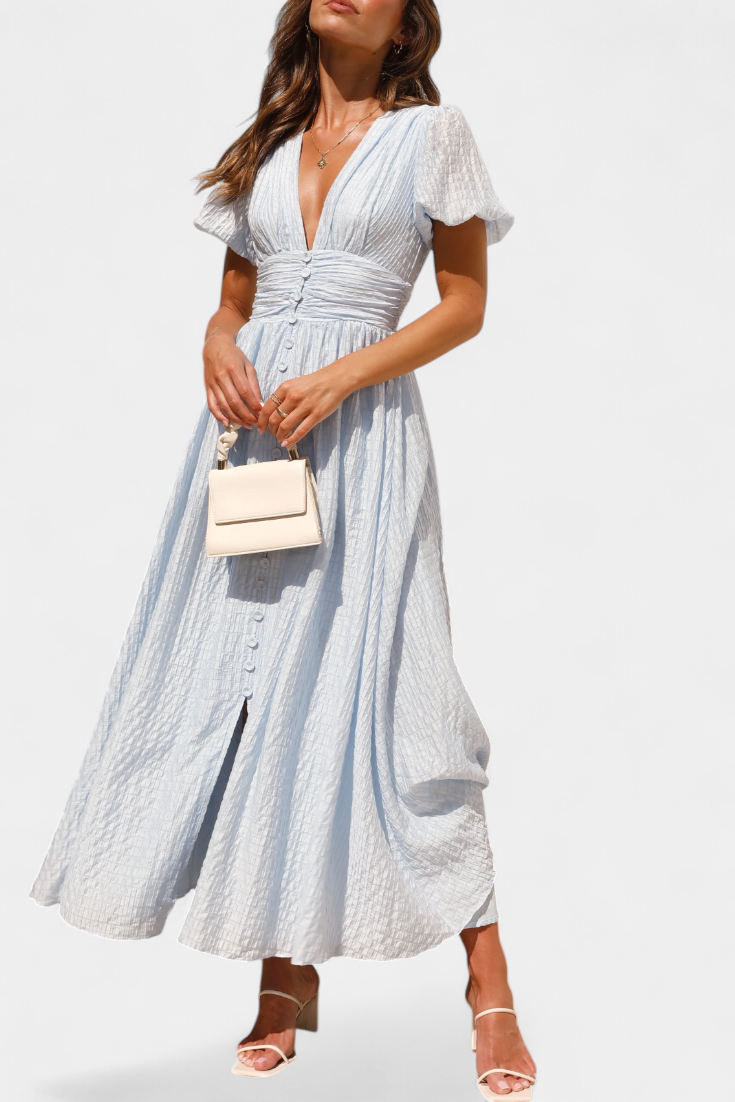 Mélia Maxi Dress with V-Neckline and Elegant Puff Sleeves
