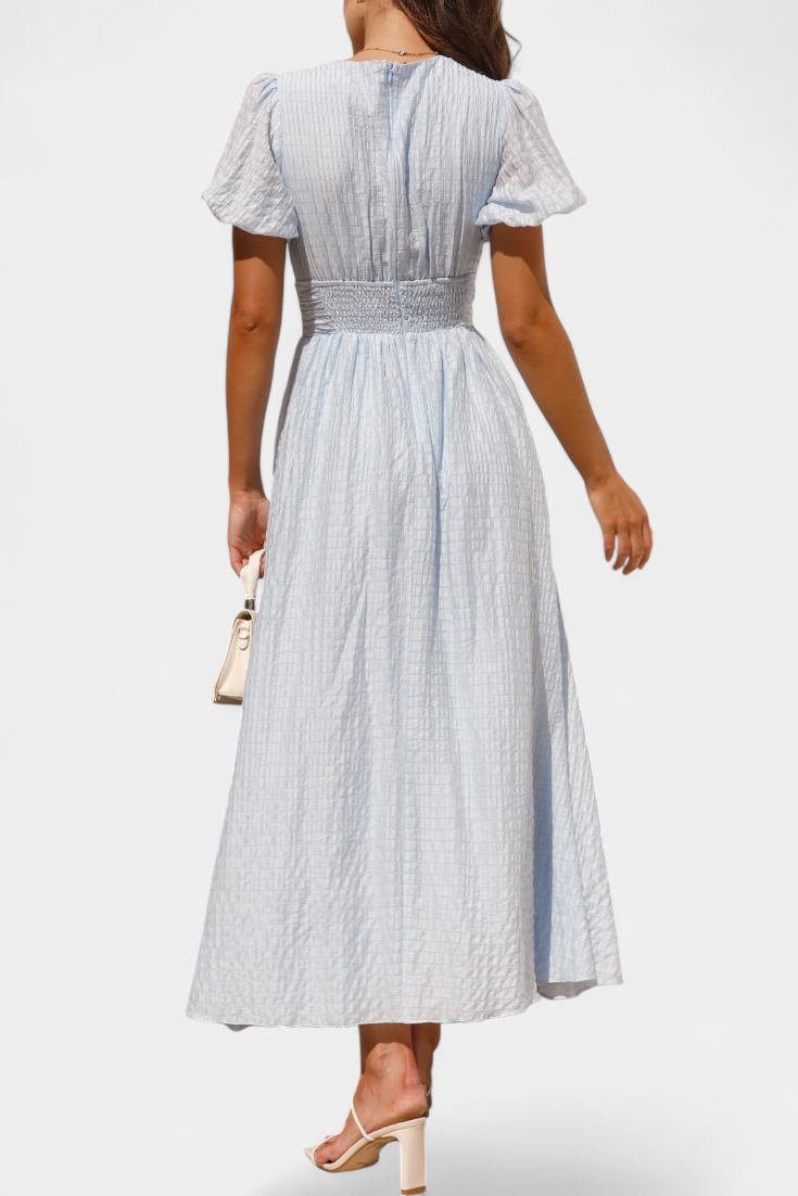 Mélia Maxi Dress with V-Neckline and Elegant Puff Sleeves