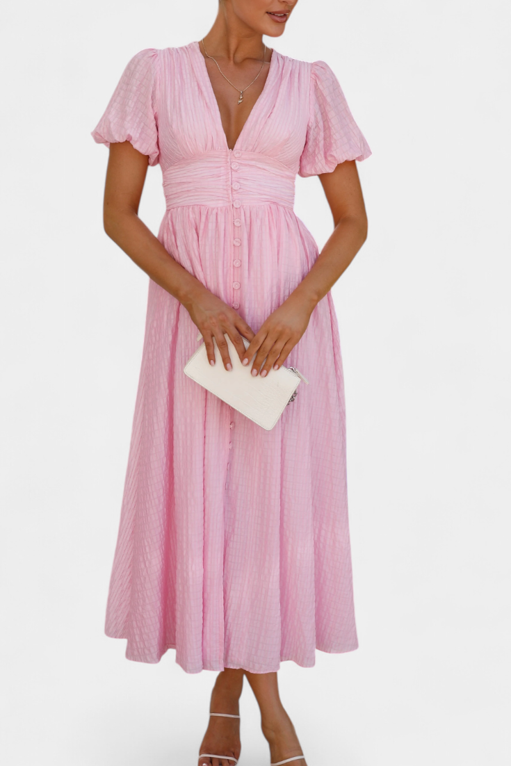 Mélia Maxi Dress with V-Neckline and Elegant Puff Sleeves