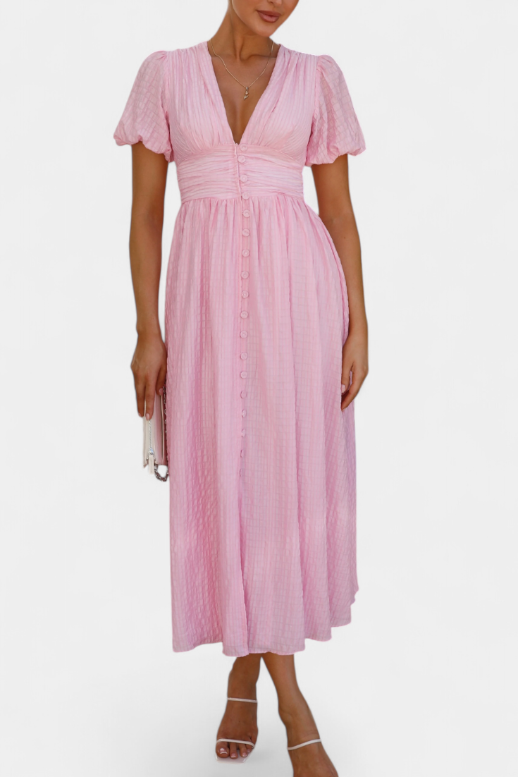 Mélia Maxi Dress with V-Neckline and Elegant Puff Sleeves
