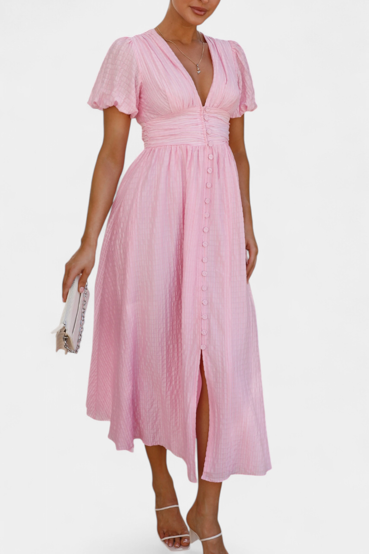 Mélia Maxi Dress with V-Neckline and Elegant Puff Sleeves