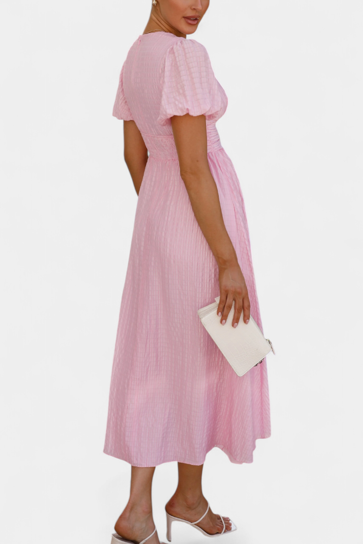 Mélia Maxi Dress with V-Neckline and Elegant Puff Sleeves