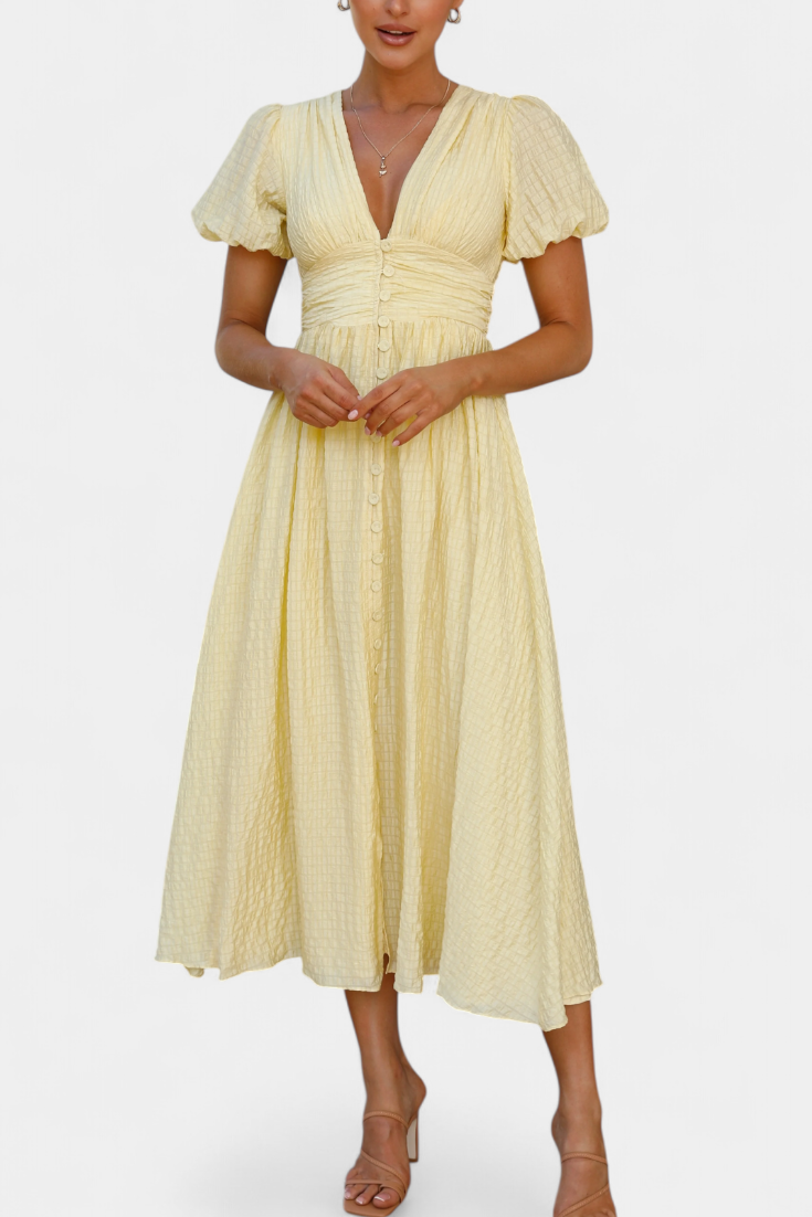 Mélia Maxi Dress with V-Neckline and Elegant Puff Sleeves
