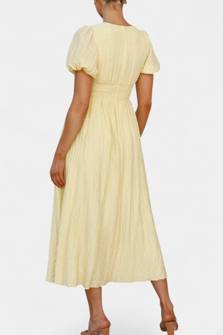 Mélia Maxi Dress with V-Neckline and Elegant Puff Sleeves
