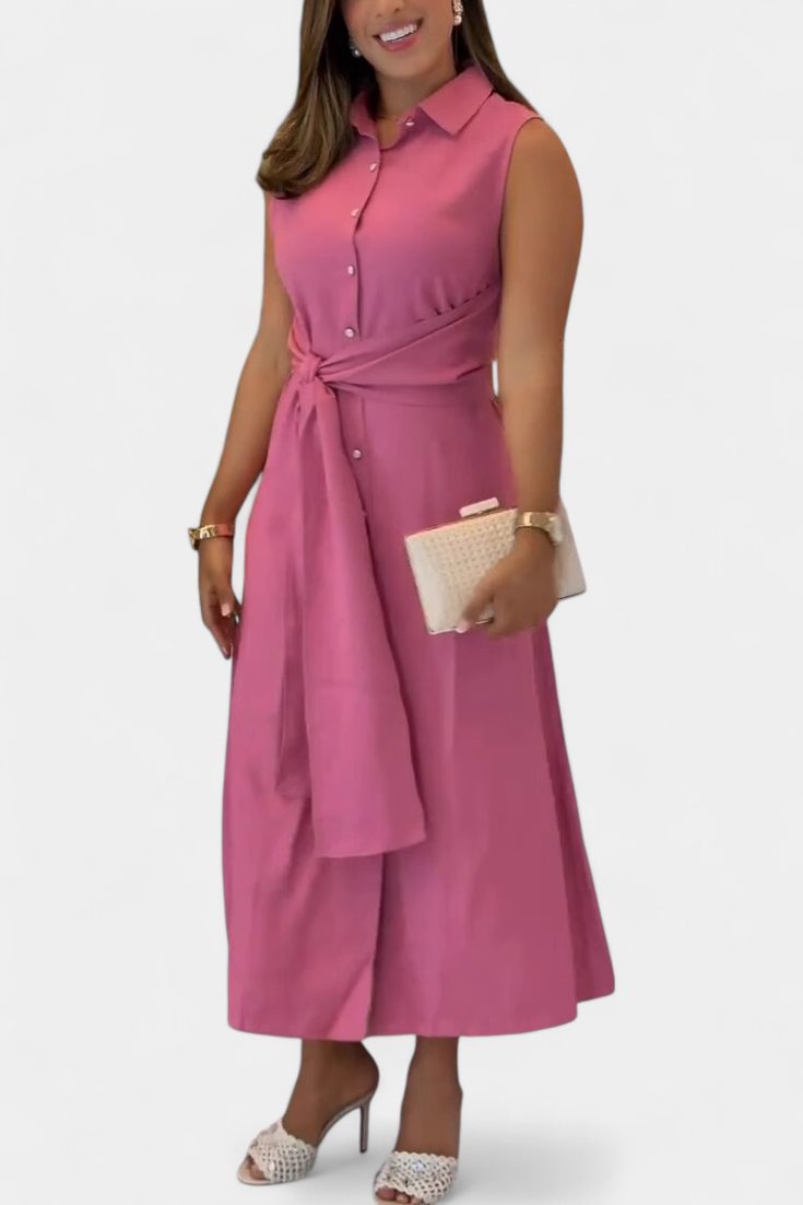 Behnaz Elegant Sleeveless Belted Shirt Collar Dress