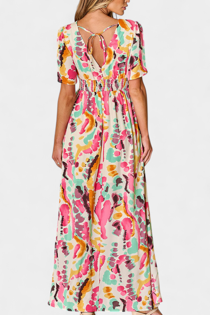 Yuki Boho Dress with V-Neckline and Tie-Dye Print