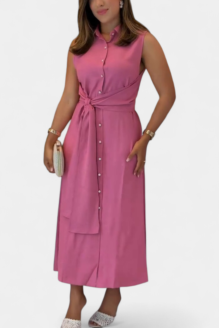 Behnaz Elegant Sleeveless Belted Shirt Collar Dress