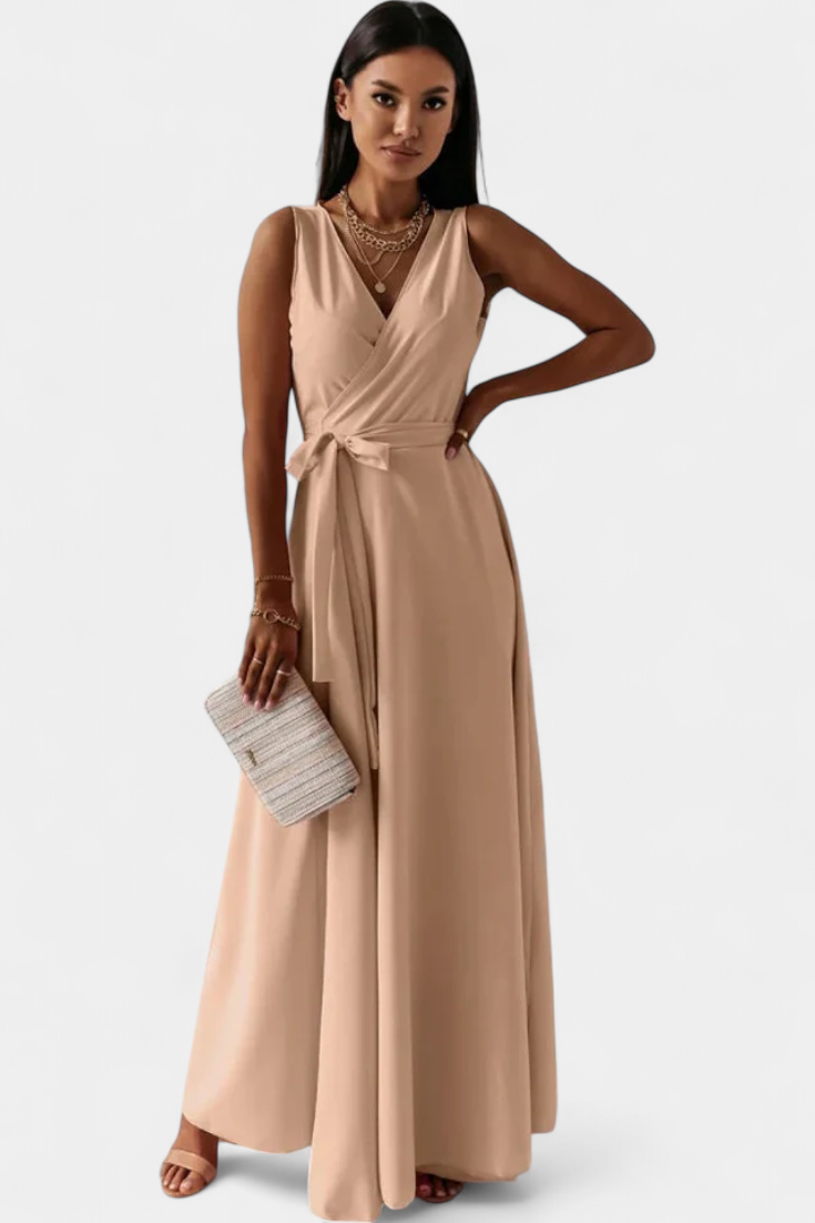 Marla Long Dress with V-Neckline and Solid Color