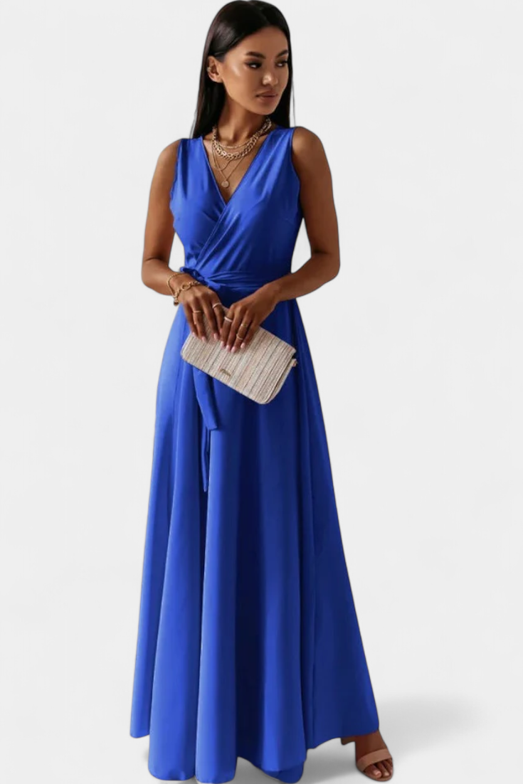 Marla Long Dress with V-Neckline and Solid Color