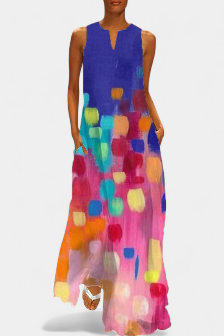 Colorful Sleeveless Dress with V-Neckline