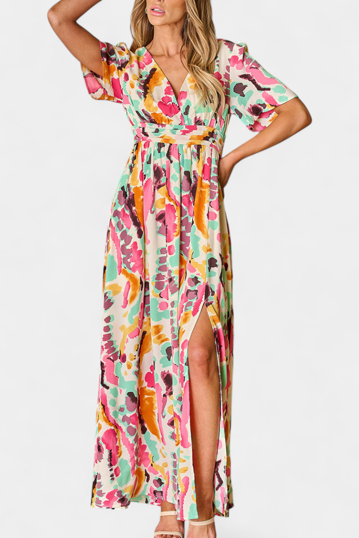 Yuki Boho Dress with V-Neckline and Tie-Dye Print