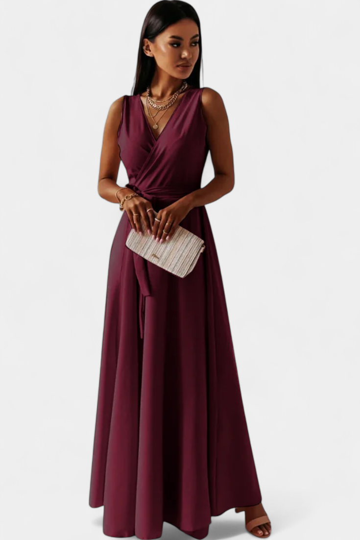 Marla Long Dress with V-Neckline and Solid Color