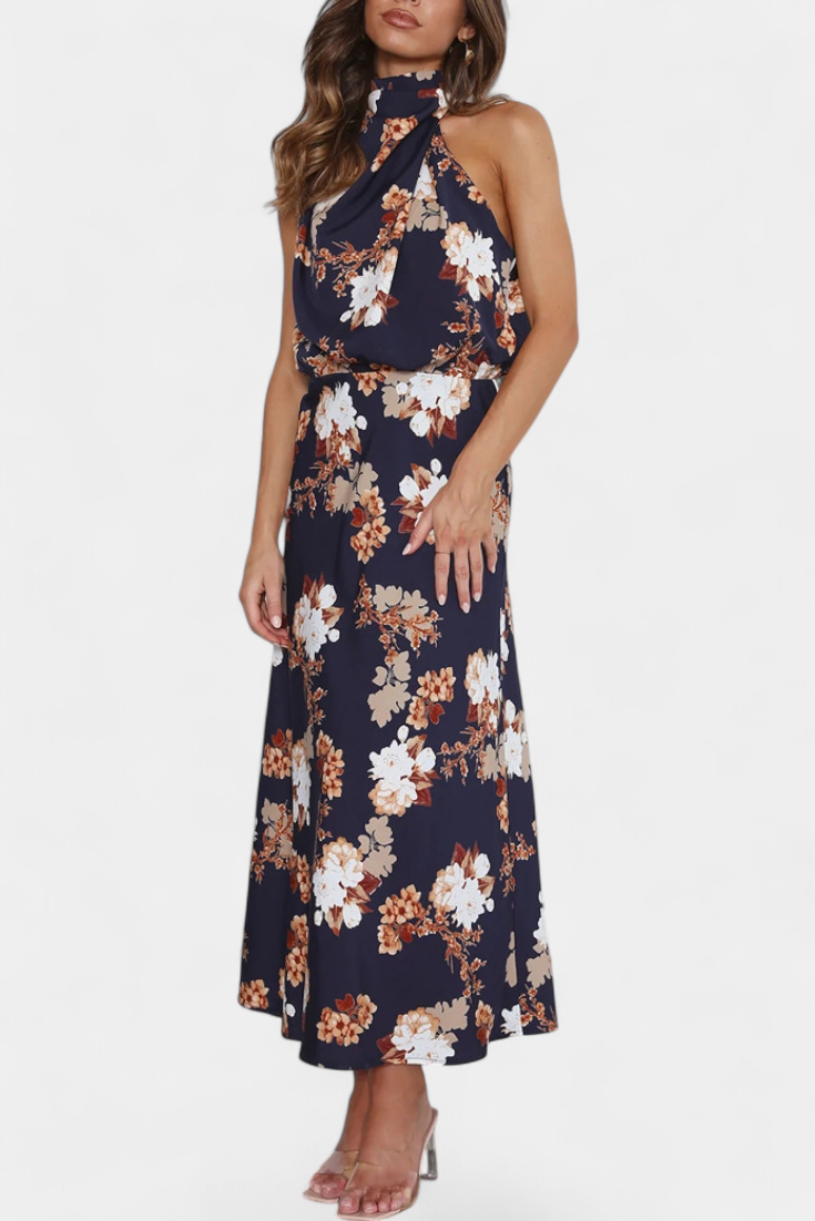 Lisa Floral Maxi Dress with Halter Neck and Adjustable Waist