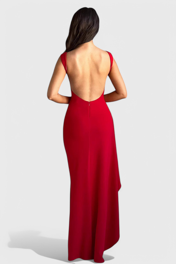 Marion Satin Dress with Open Back and Wide Side Slit