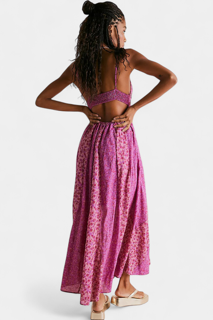 Lexa Chiffon Floral Boho Dress with Open Back