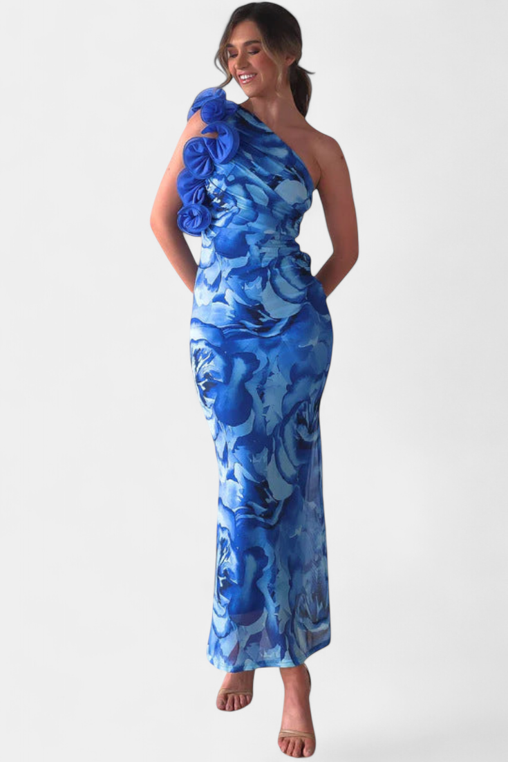 Maëlle One-Shoulder Midi Dress with Floral Details