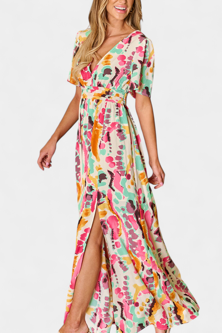 Yuki Boho Dress with V-Neckline and Tie-Dye Print