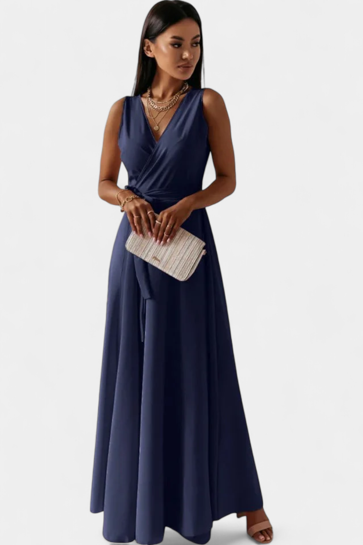 Marla Long Dress with V-Neckline and Solid Color