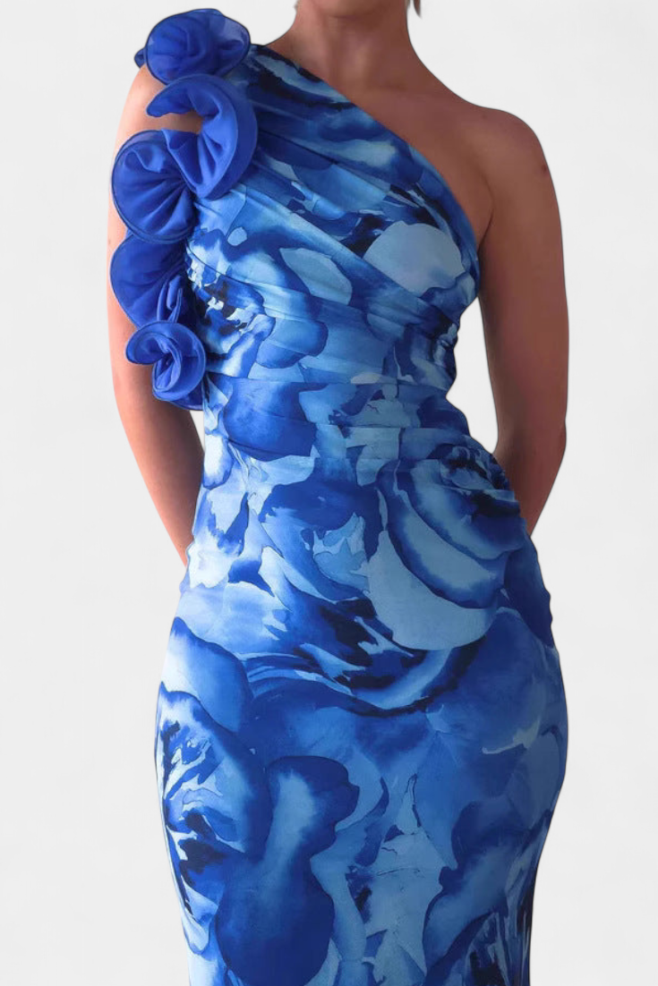 Maëlle One-Shoulder Midi Dress with Floral Details