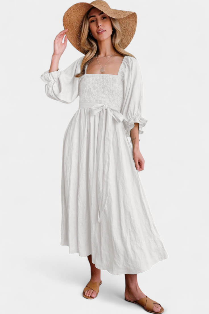 Petra Two-Tier Dress with Ruched Bodice and Puff Sleeves