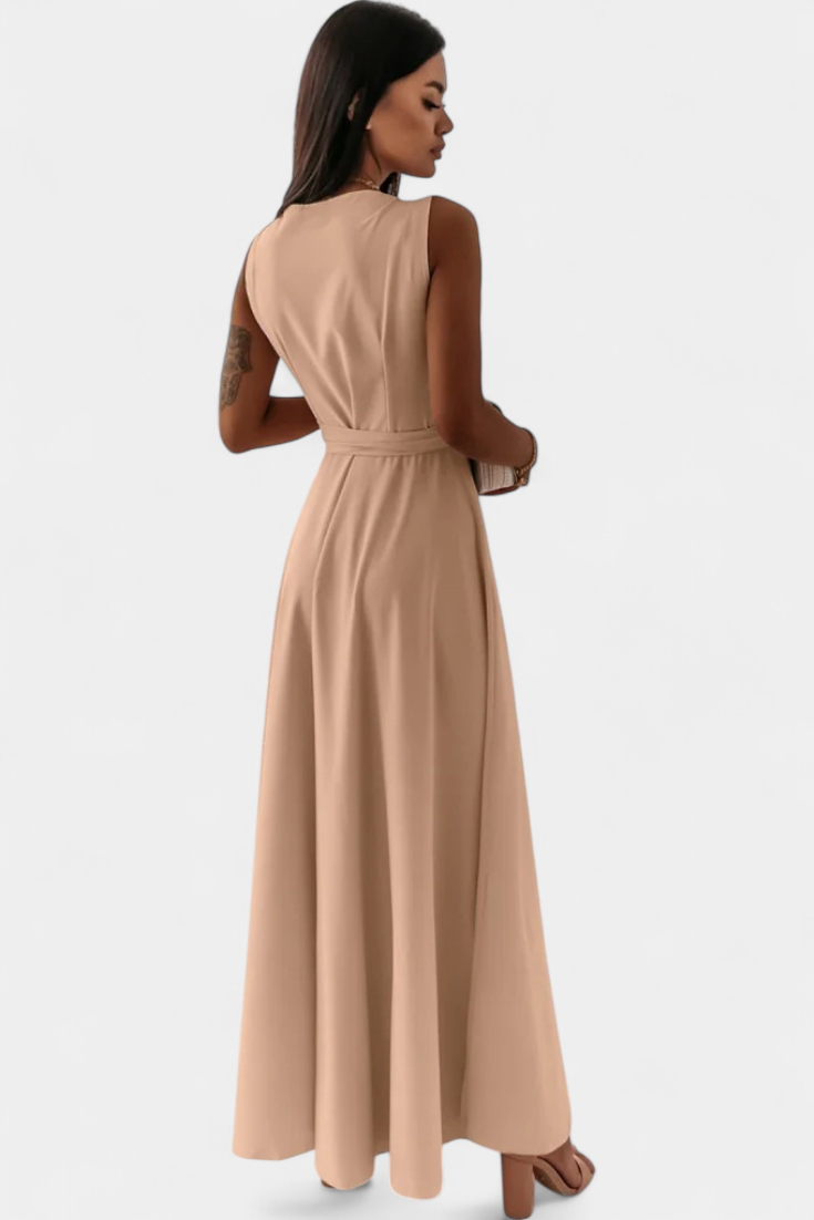 Marla Long Dress with V-Neckline and Solid Color