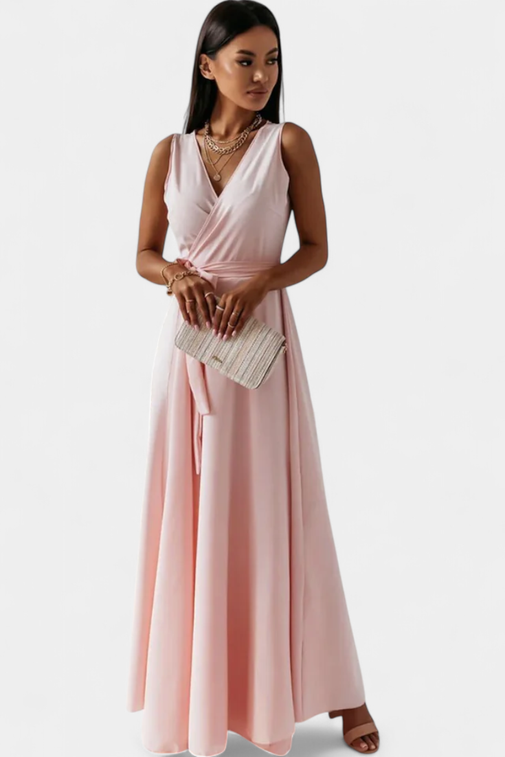 Marla Long Dress with V-Neckline and Solid Color