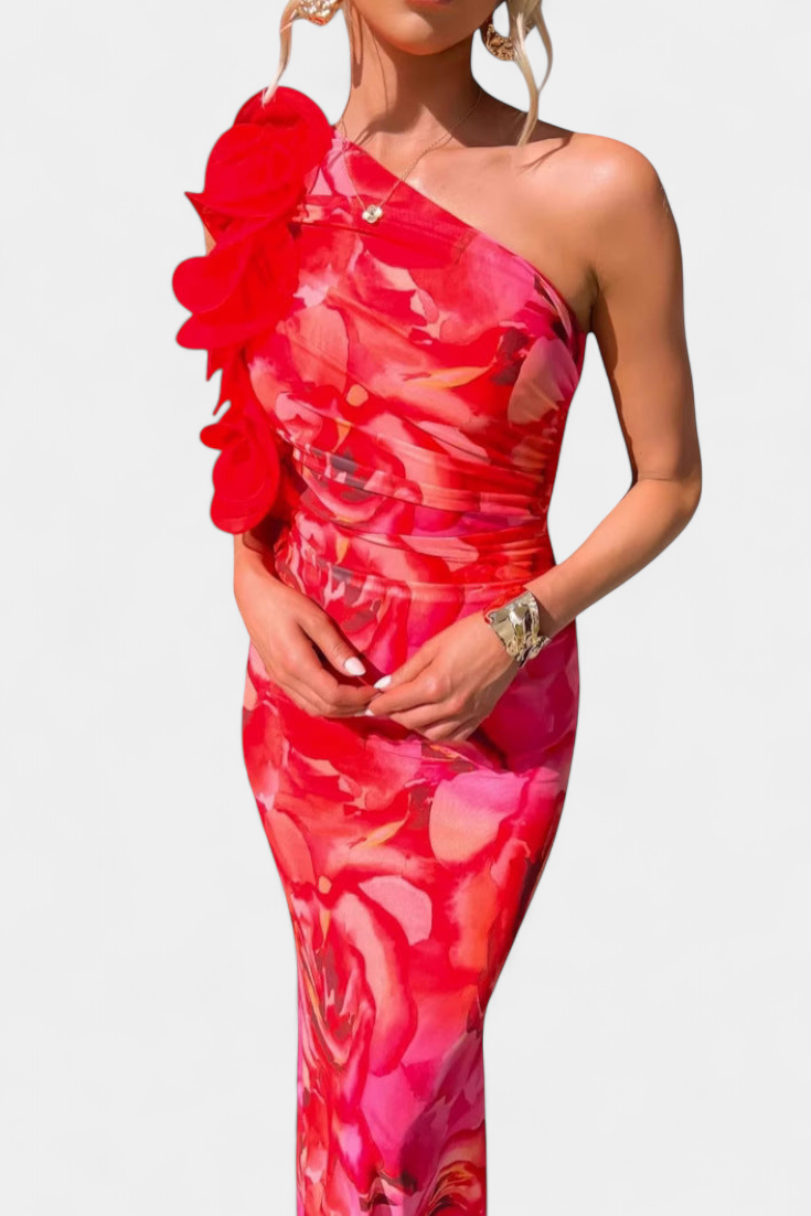 Maëlle One-Shoulder Midi Dress with Floral Details