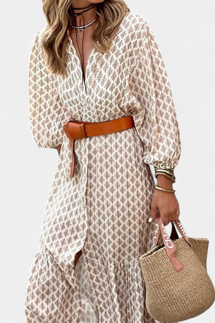 Antonia Midi Dress with Adjustable Waist and Button Details