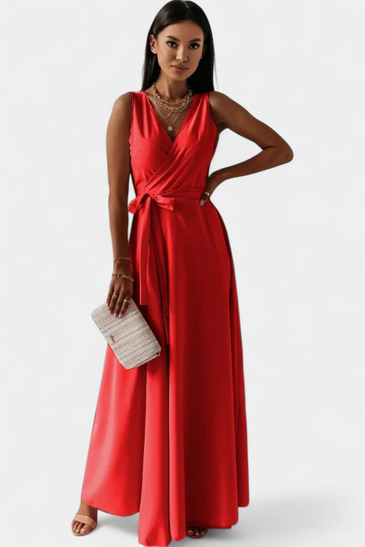 Marla Long Dress with V-Neckline and Solid Color