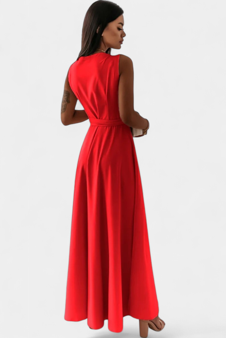 Marla Long Dress with V-Neckline and Solid Color